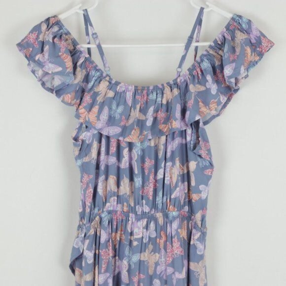 Epic Threads Girls XL Blue Pink Butterfly Faux Wrap Cold Shoulder Ruffled Dress - Picture 4 of 8